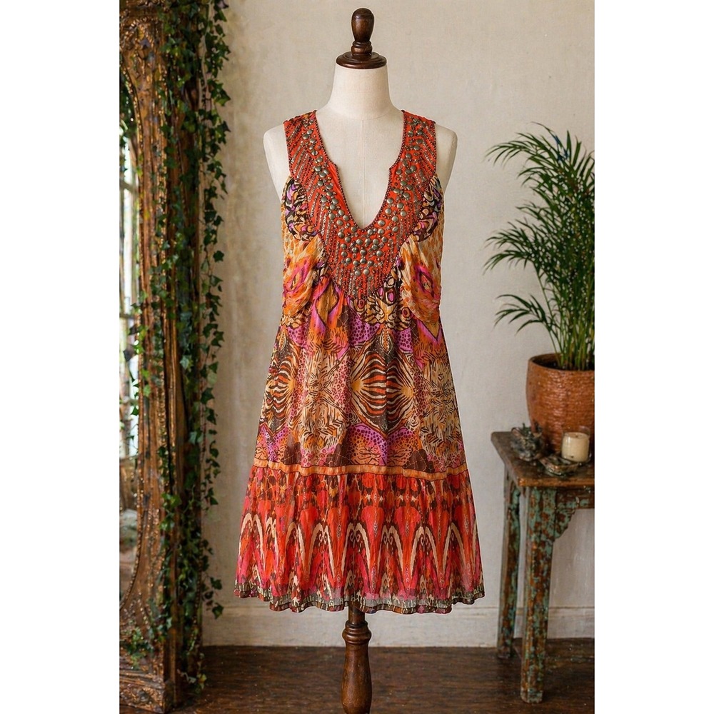 Alberto Makali Vintage Orange Beaded Dress Womens Size M Y2K Boho Resort Midi